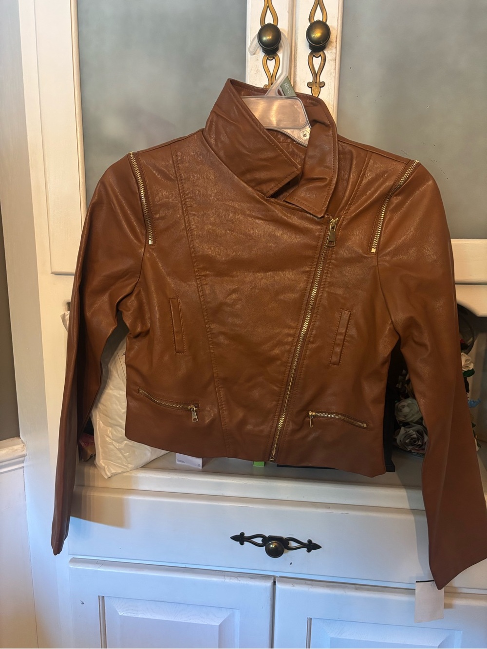 iris Cognac Brown Faux Leather Asymmetrical Zip Jacket